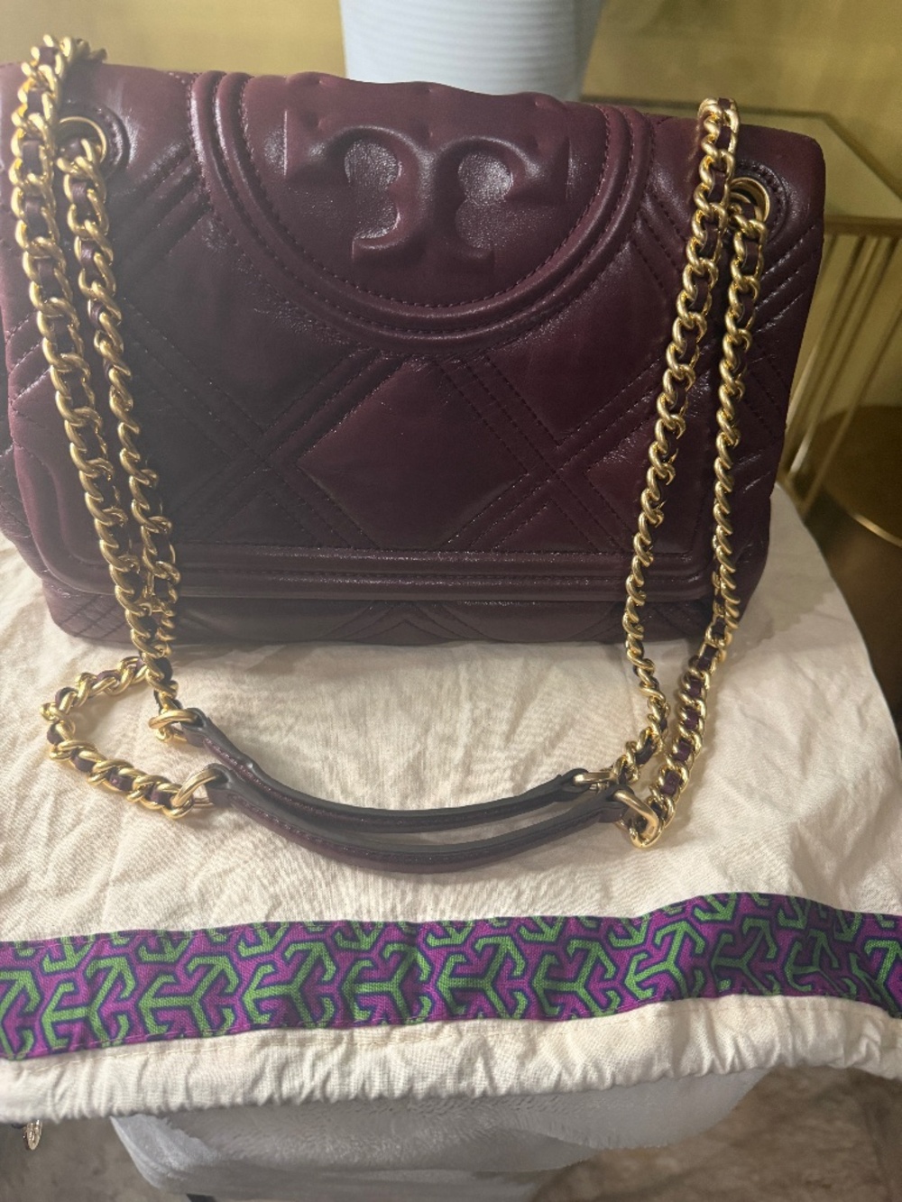 Tory Burch Fleming Burgundy Leather Convertible Shoulder Bag Gold Chain
